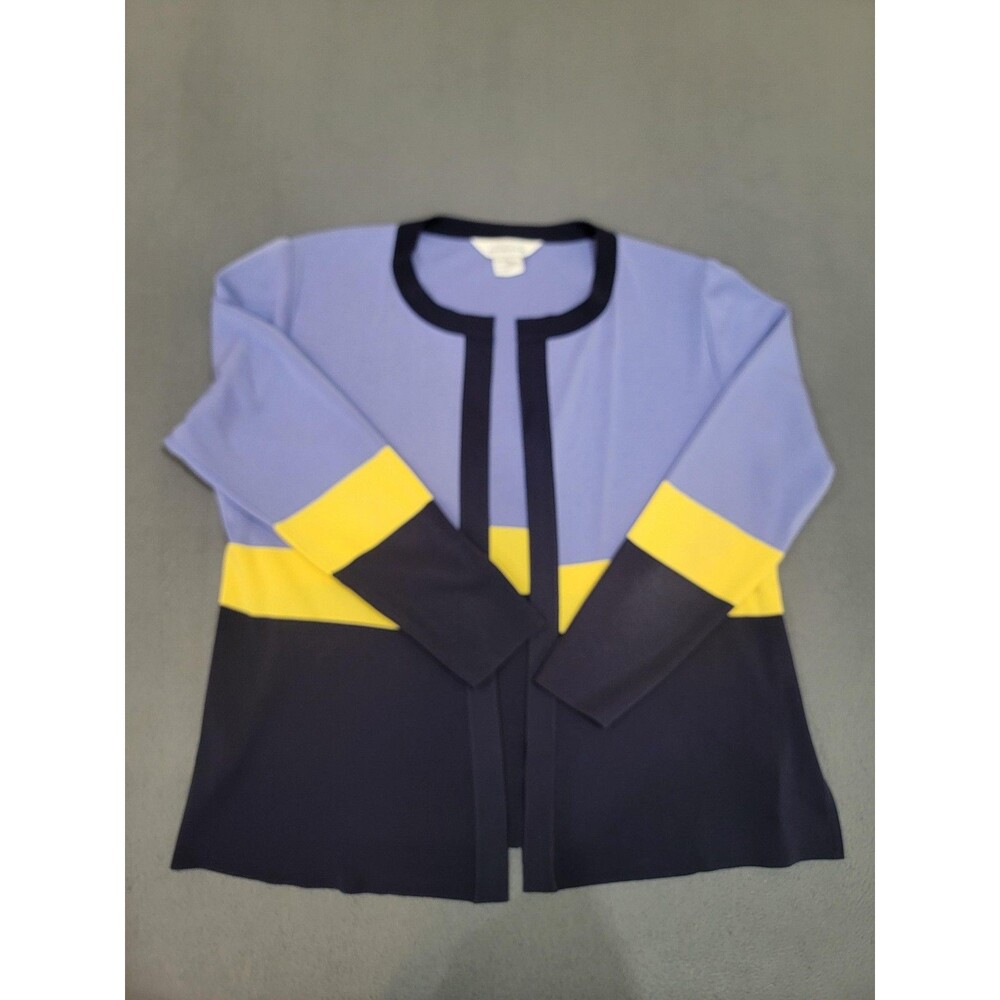 Misook Cardigan Sweater Womens Large Blue Yellow Colorblock Open Front Knit